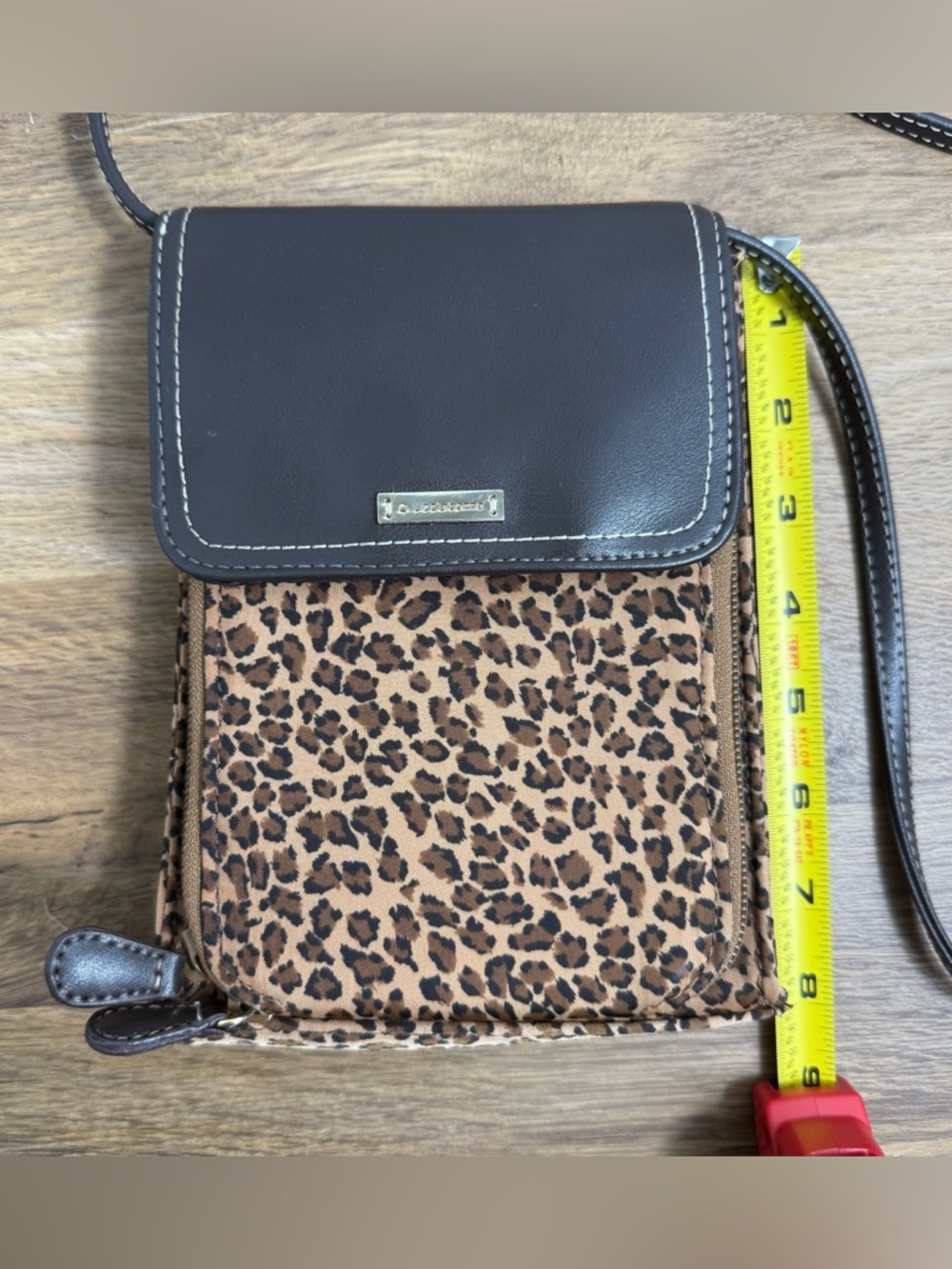 Liz Claiborne Animal Print Cross Body Bag W/ Brown Faux leather Flap & Strap